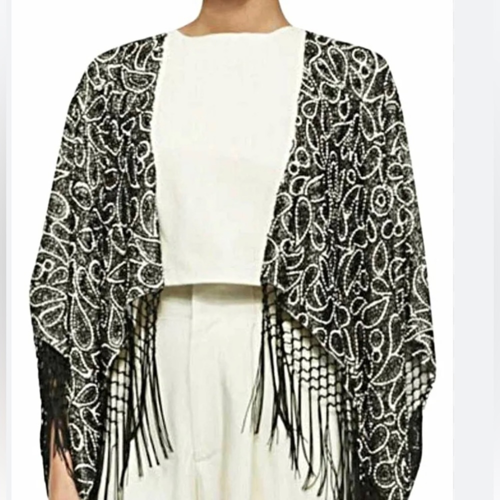 Alice + Olivia Black and White Beaded Fringed Bae Cape